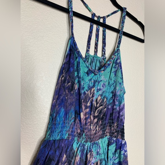 Short High-Low Bohemian Dress with Braided Straps in Turquoise/Purple - Picture 3 of 5